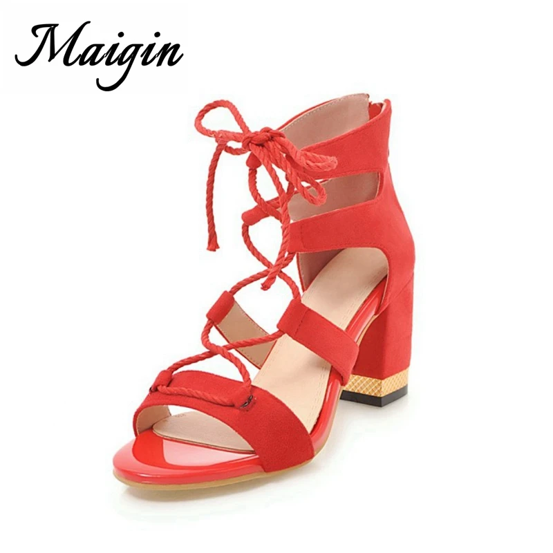 Maigin Red Gladiator Sandals Women 2018 High Heels Strappy Summer Sandals Open Toe Cross-tied Ladies Shoes Women Footwear