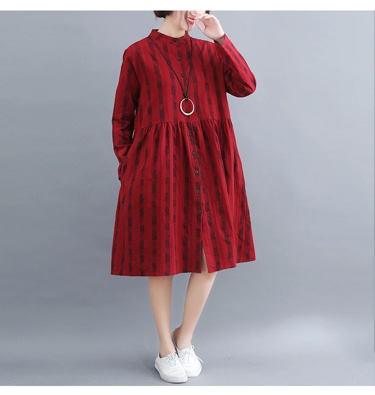Dresses Women Dress Plus Size Long Sleeve Spring Summer Knee Length Casual Plaid Blouse Shirt Cotton Linen Dress Women 2019 2