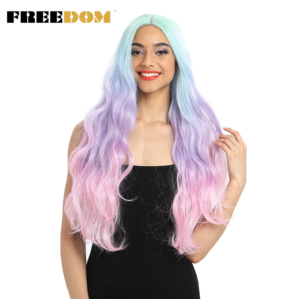Pelucas delanteras de encaje sintético libertad onda Natural larga 30 pulgadas Omber Arco Iris Color rosa pelucas de pelo resistente al calor Cosplay de fibra pelucas