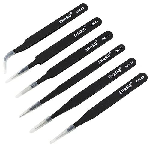 6 Pcs Flat Head Precision Tweezers Set Stainless Steel Anti Static