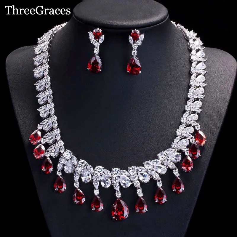 

ThreeGraces Nigerian African Design Cubic Zirconia Red Crystal Big WaterDrop Wedding Necklace Jewelry Sets For Brides JS039