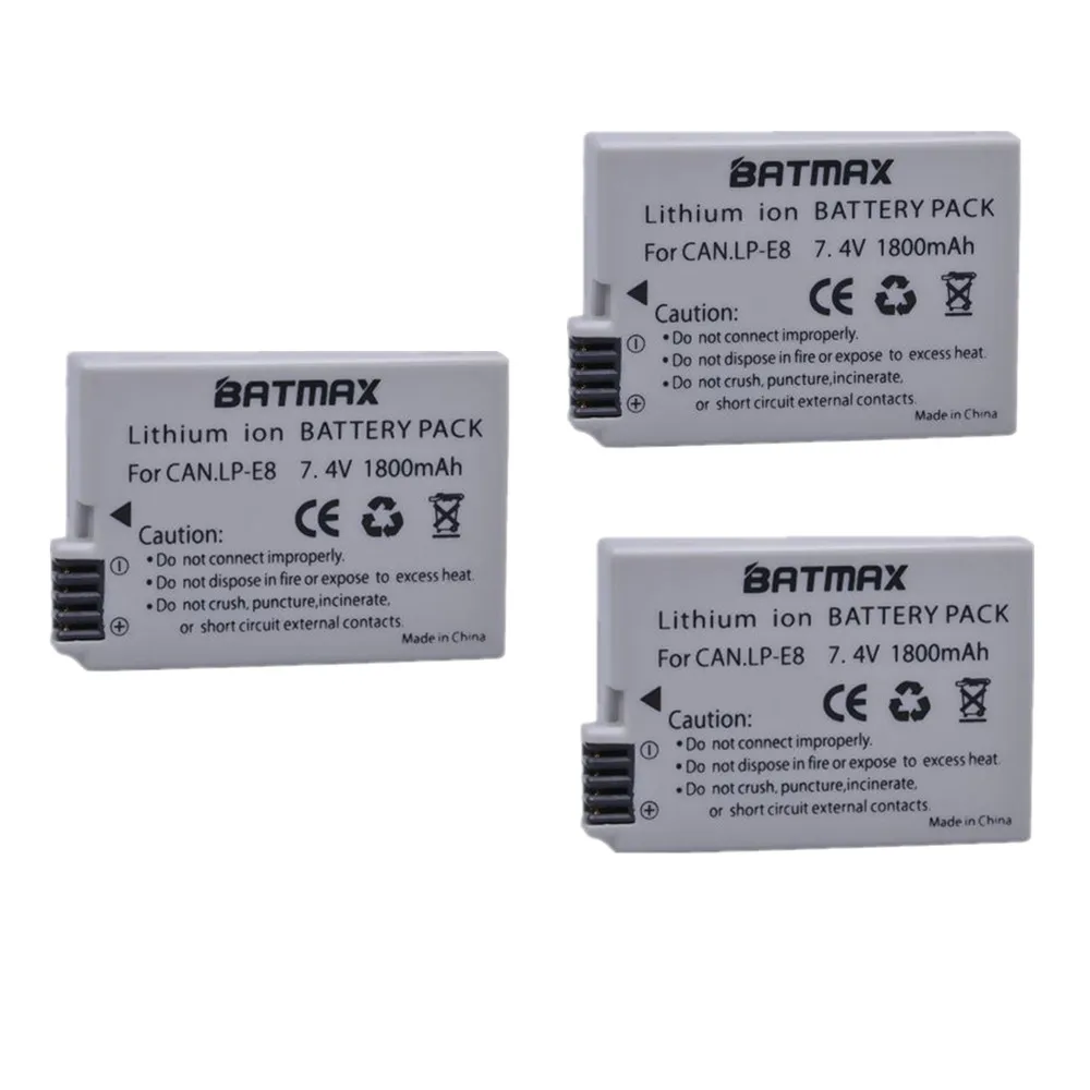 Batmax 3 Pz Lp-E8 Lpe8 Lp E8 Camera Battery Akku Per Canon Eos 550D 600D 650D 700D Rebel Digitale X4 X5 Telecamere