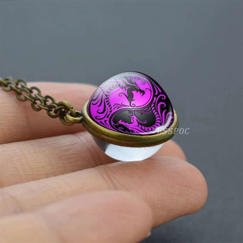 Двухбоковое ожерелье Yin Yang тайцзи стеклянный шар Dragon бронзовая цепочка колье