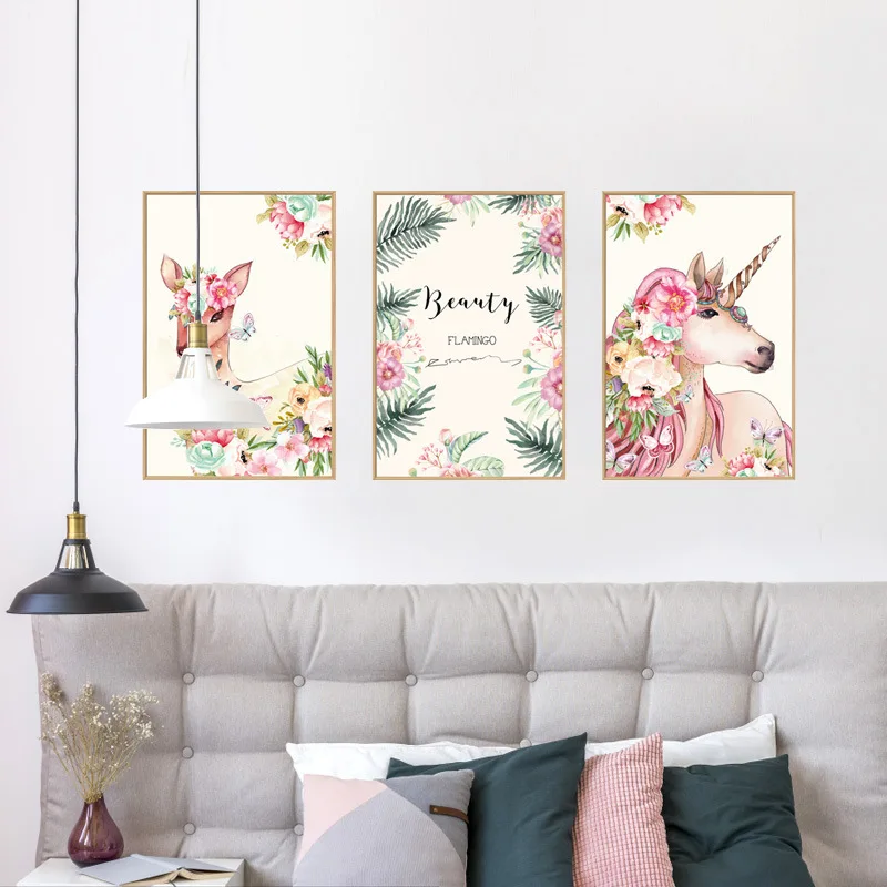 Beauty Unicorn Deer Flowers Photo Frame Decorative Wall Stickers Room Decal