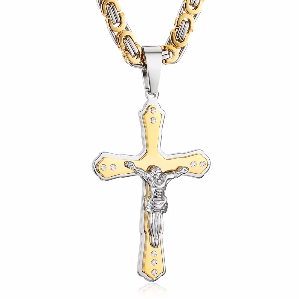 Христианская подвеска-крестик со стразами, колье, толстое звено византийской цепи, нержавеющая сталь, мужские ювелирные изделия, подарок 21,6" MN79