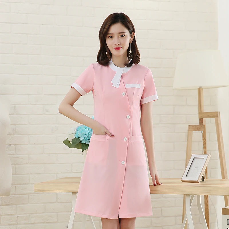Мода корейский Круглый вырез медсестры униформа с короткими рукавами летнее платье косметолога больница салон красоты клиника медицинская униформа - Цвет: Розовый