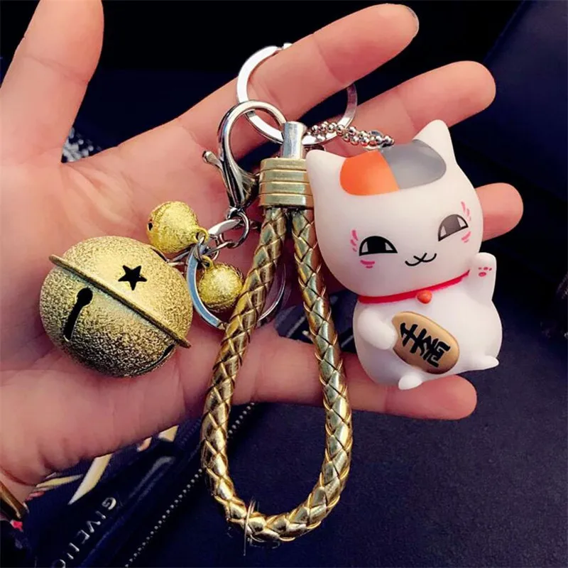 Moda dibujos animados gatos de la suerte llaveros niños mujeres gatito campanas de cuero Portachiavi llaveros Chaveiro llavero ricos encantos regalo