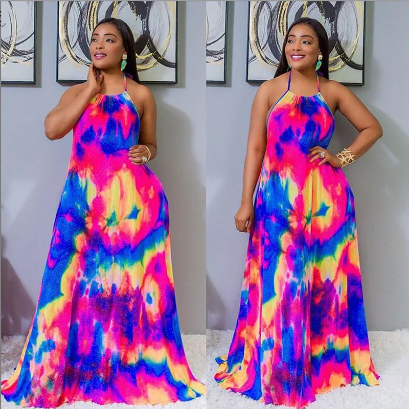 

women sexy summer sleeveless halter open back sexy loose tie dye galaxy print loose maxi dress beach long dresses