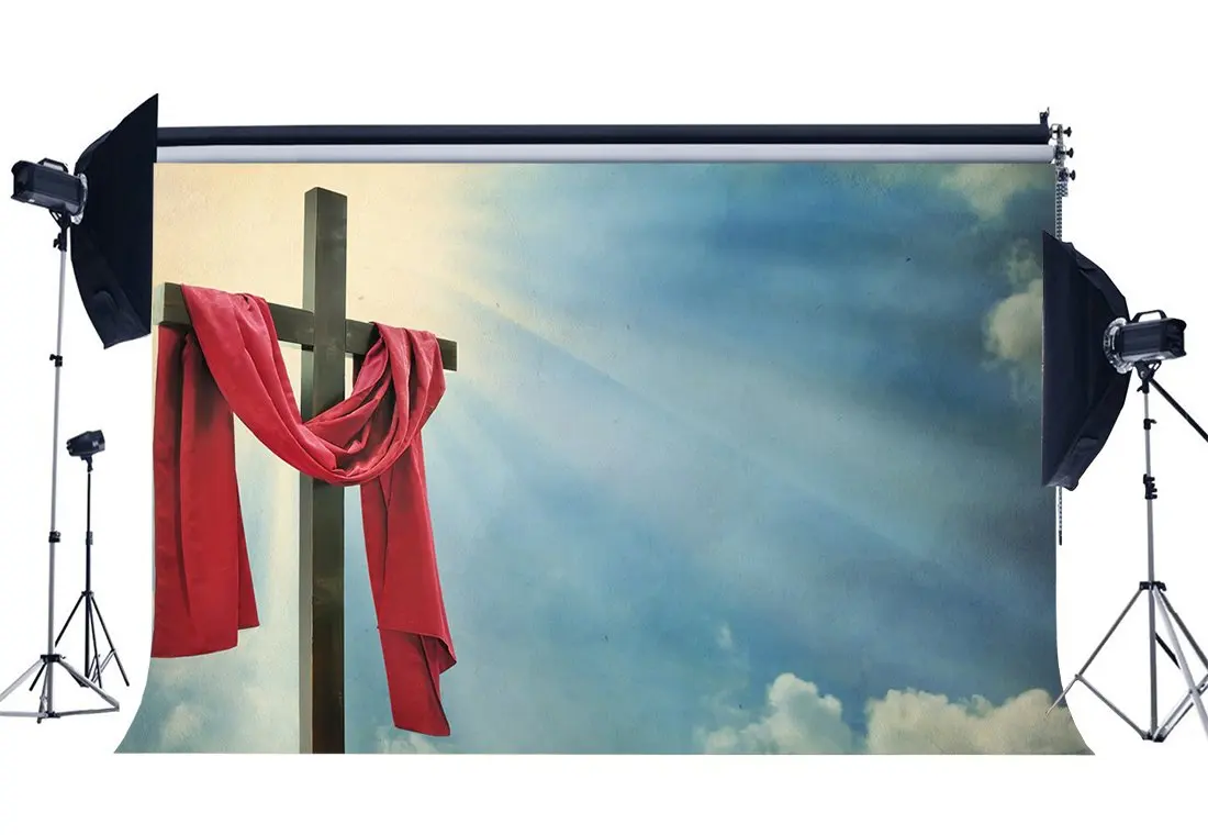 

Cross Backdrop Resurrection of Jesus Backdrops Red Curtain Blue Sky White Cloud Holy Lights Photography Background