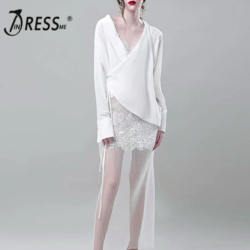 

INDRESSME 2019 New V Neck Long Sleeves Lace Up Top Feminine Lace Women Mesh Bodycon Midi Skirt Two-piece Set