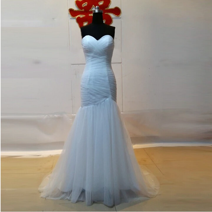 

Fast Shipping Custom Made 2017 New Design Ruched Strapless Mermaid Tulle Wedding Dresses White Ivory Tulle Floor length Lace Up