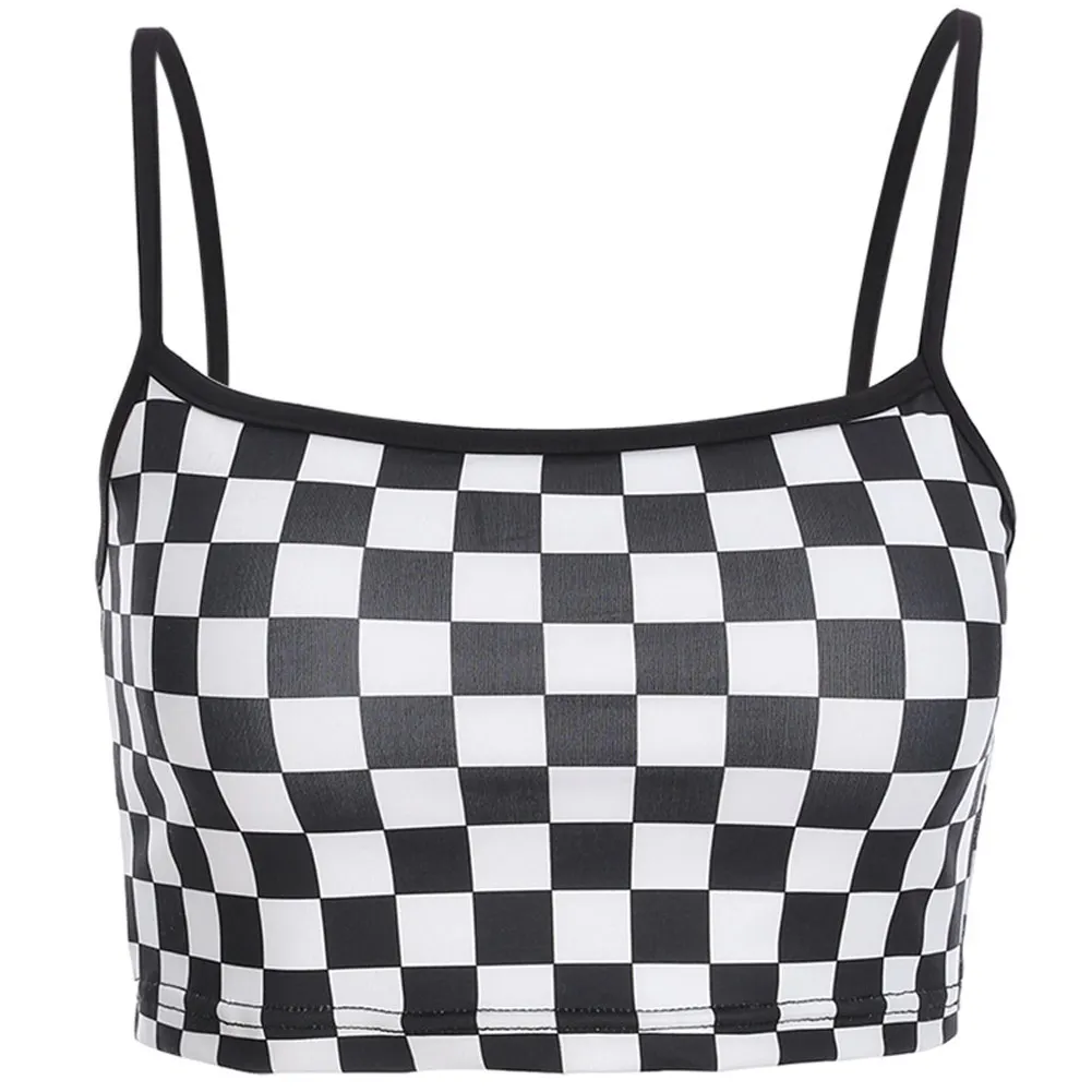 

2019 Women Top Vest Plaid Cotton Sexy Checkered Cropped Top Summer Streetwear Sleeveless Tee