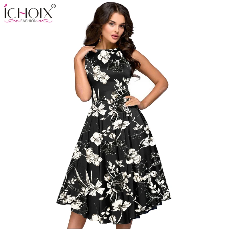 

2019 Floral Summer Dress Swing A-Line Retro Vintage Evening Night Party Dress Hepburn Style Women Dress Elegant Black Sundress
