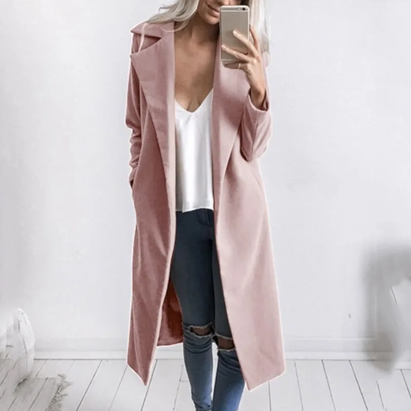 

Hot Sale Long Woolen coat Lapel Collar Pocket Parka Long Jacket Cardigan Overcoat Outwear Veste Femme Manche Longue YF1811481