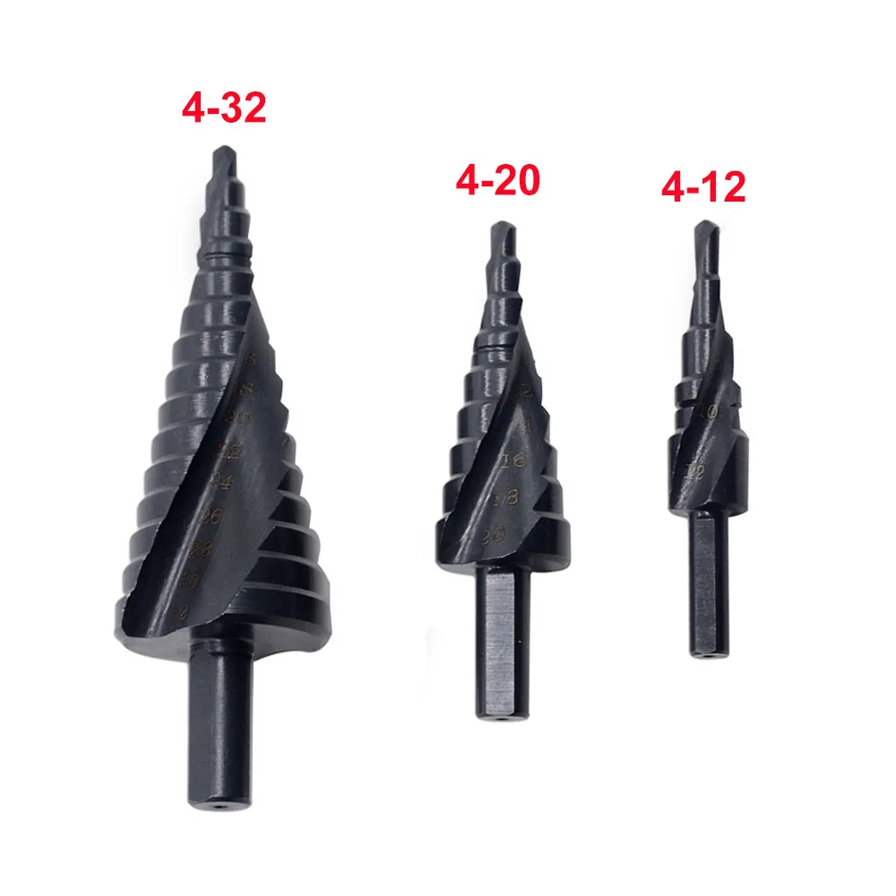 

3pcs/set 4-12 4-20 4-32 HSS Cobalt Step Drills Nitrogen Spiral Metal Cone Drill Bit Set Triangle Shank Hole Cutter