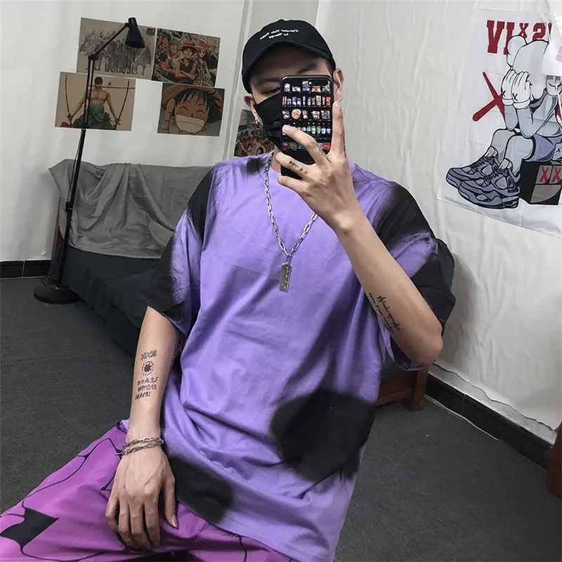 

Purple Black Tie Dye Contrast Block Print Hippie Streetwear Harajuku Loose T Shirt T-Shirt Tee Harajuku Streetwear Korean Punk