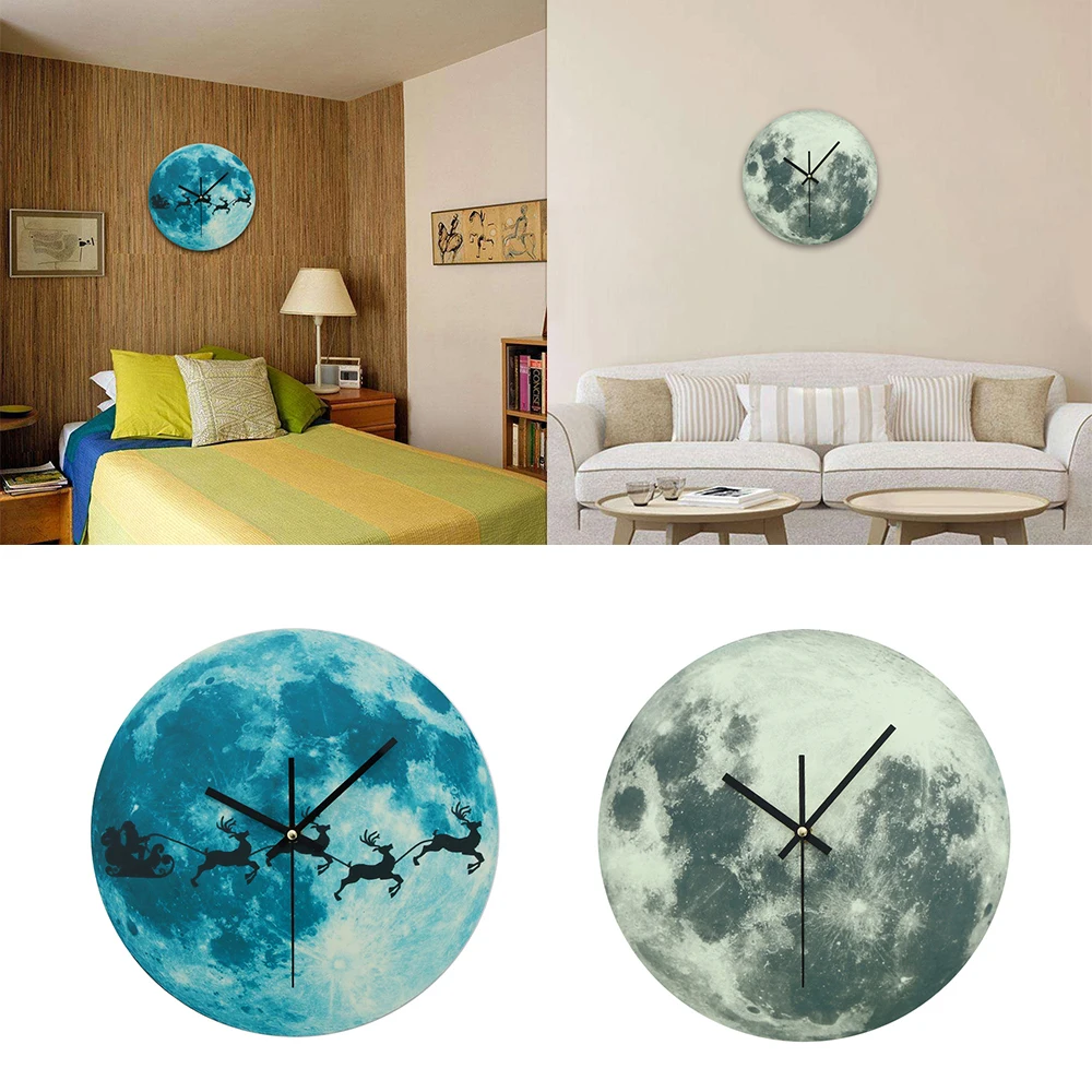 3D Luminous Large Moon Fluorescent Wall clock Removable Glow In The