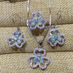Натуральный многоцветный Опал Gem Jewelry комплекты природных драгоценных камней кольцо кулон Серьги S925 серебро элегантный счастливый клевер