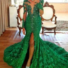 Русалка с длинными рукавами Выпускные платья Изумрудное зеленое с аппликацией Сплит пышные праздники Выпускные платья Формальные Вечерние платья