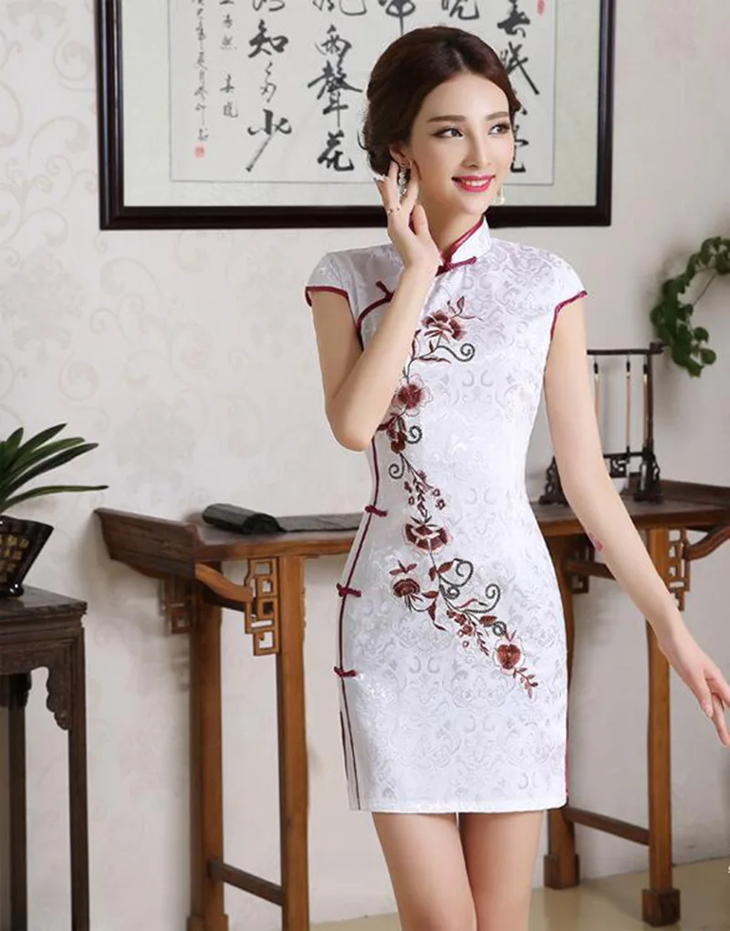 Женское китайское платье Cheongsam, сексуальное, с вышивкой, тонкое, хлопок, ручная пуговица, винтажное, традиционное, Qipao, элегантные платья