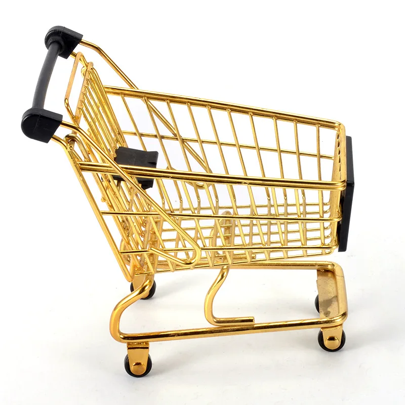 

Storage Basket Mini Gold Shopping Cart Model Creative Mini Trolley Iron Metal Phone Holder Toy Storage Container Desk Decor
