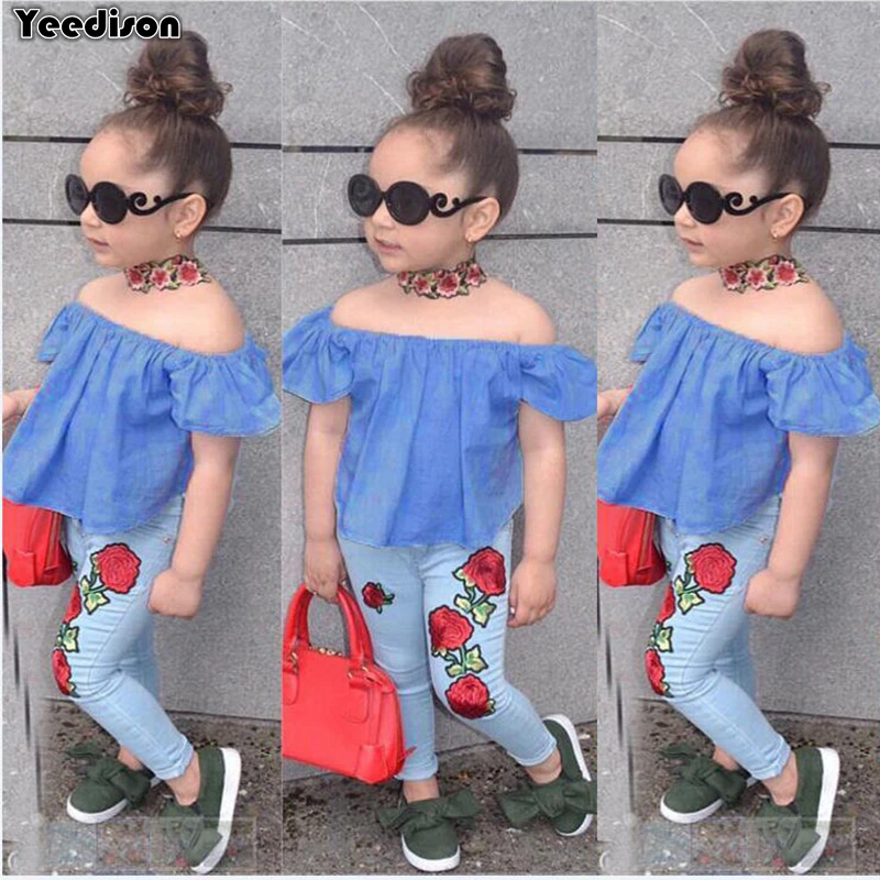 Yeedison Toddler Girls Clothing Sets Summer Baby Girl Clothes 2018 Kids Top Denim Pants Outfit 2Pcs Children Clothing Sport Suit (1)