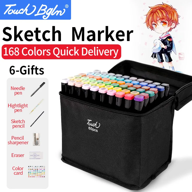 

TOUCHBGLN 30/40/60/80/168 Colors Art Marker Set Alcohol Based Sketch Marker Pen For Drawing Manga Design Art Set Supplies