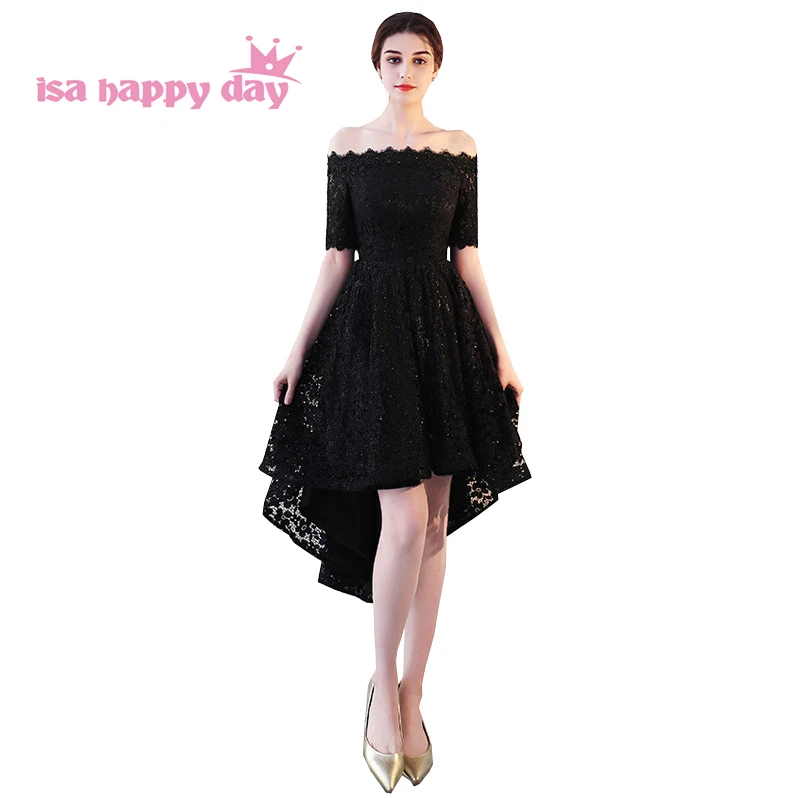 

formal prom high low dresses short dress for girl winter dress black lace low back with sleeves to wear to a occasion H4226