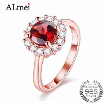 

Almei Flower Shiny Ring Garnet Women Charming Engagement Jewelry Silver 925 Rhinestone Rose Gold Color Ring with Box 40% FJ042