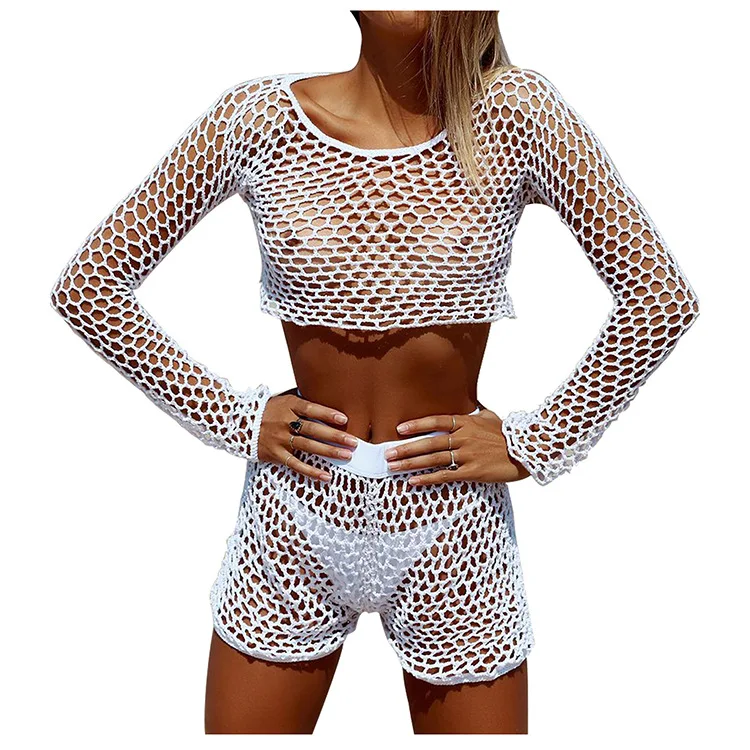 

BYUAN 2018 Summer Beach Women 2pcs Set Crochet Hollow Sexy Top Short Pants Women Sets Pieces Two Holiday Sun Clothes