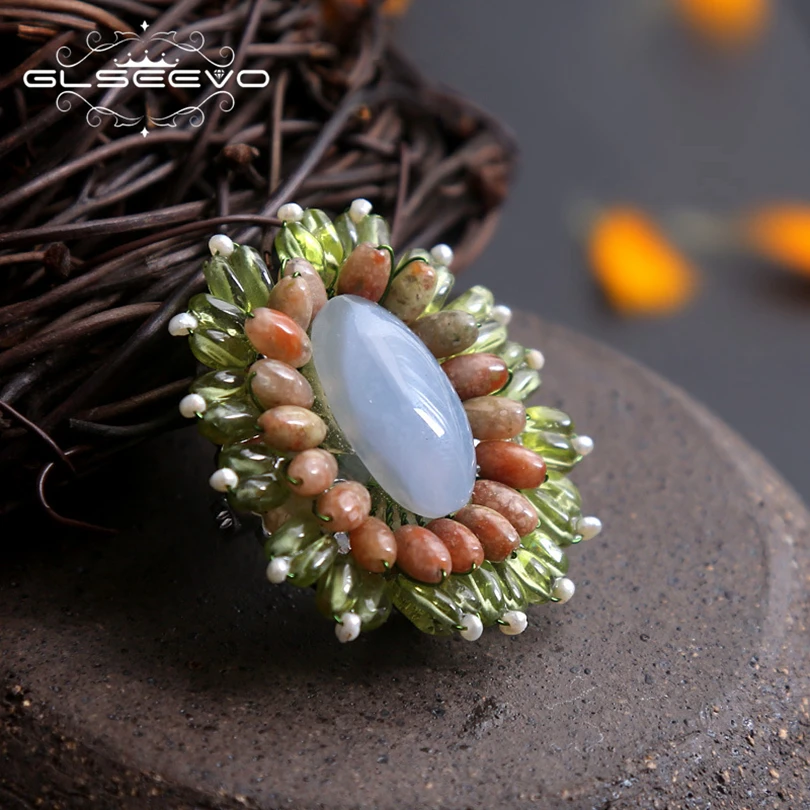 

GLSSEEVO Natual Blue Chalcedony Peridot Vintage Brooch Jewelry Chic Birthday Gift Brooch For Women Shirt Collar Dual Use GO0148