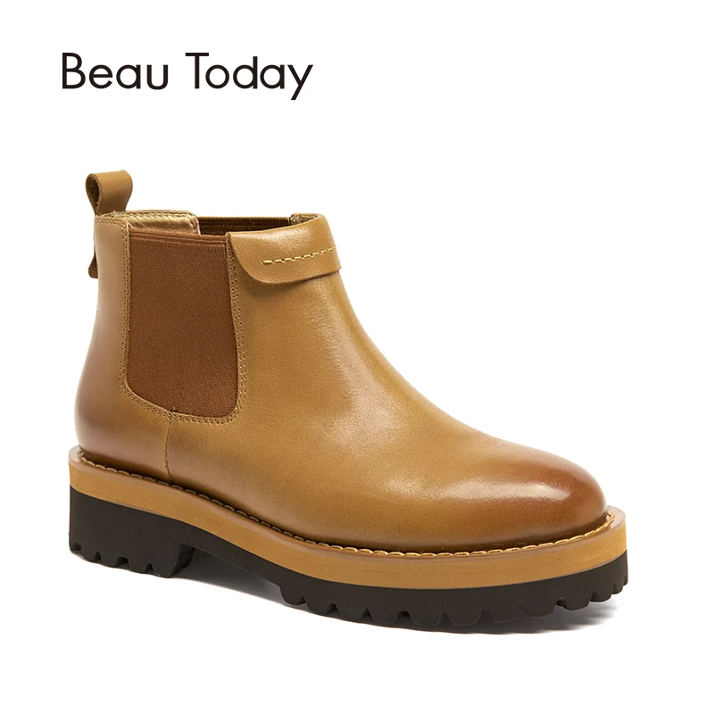 

BeauToday Chelsea Boots Women Ankle Length Cow Genuine Leather Platform Elastic Band Top Quality Autumn Winter Lady Shoes 03420