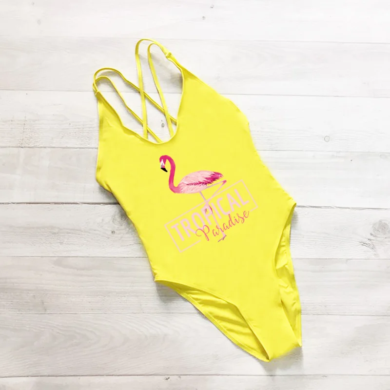 Женский купальник с принтом фламинго, слитный купальник с перекрестной спинкой, монокини, сексуальный боди mayo, красный купальный костюм, maillot de bain femme - Цвет: Yellow