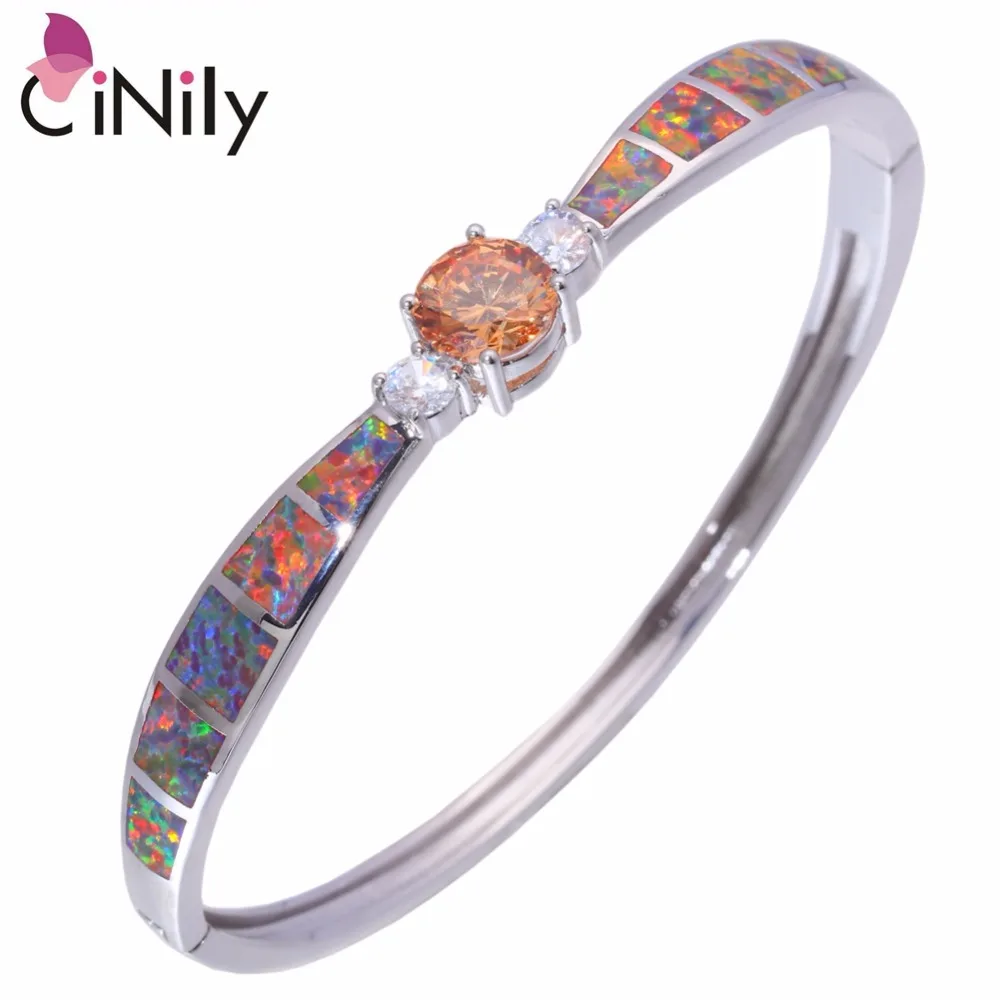

CiNily Created Orange Fire Opal Morganite White Zircon Silver Plated Wholesale for Women Jewelry Bangle Bracelet 7 5/8" OS633