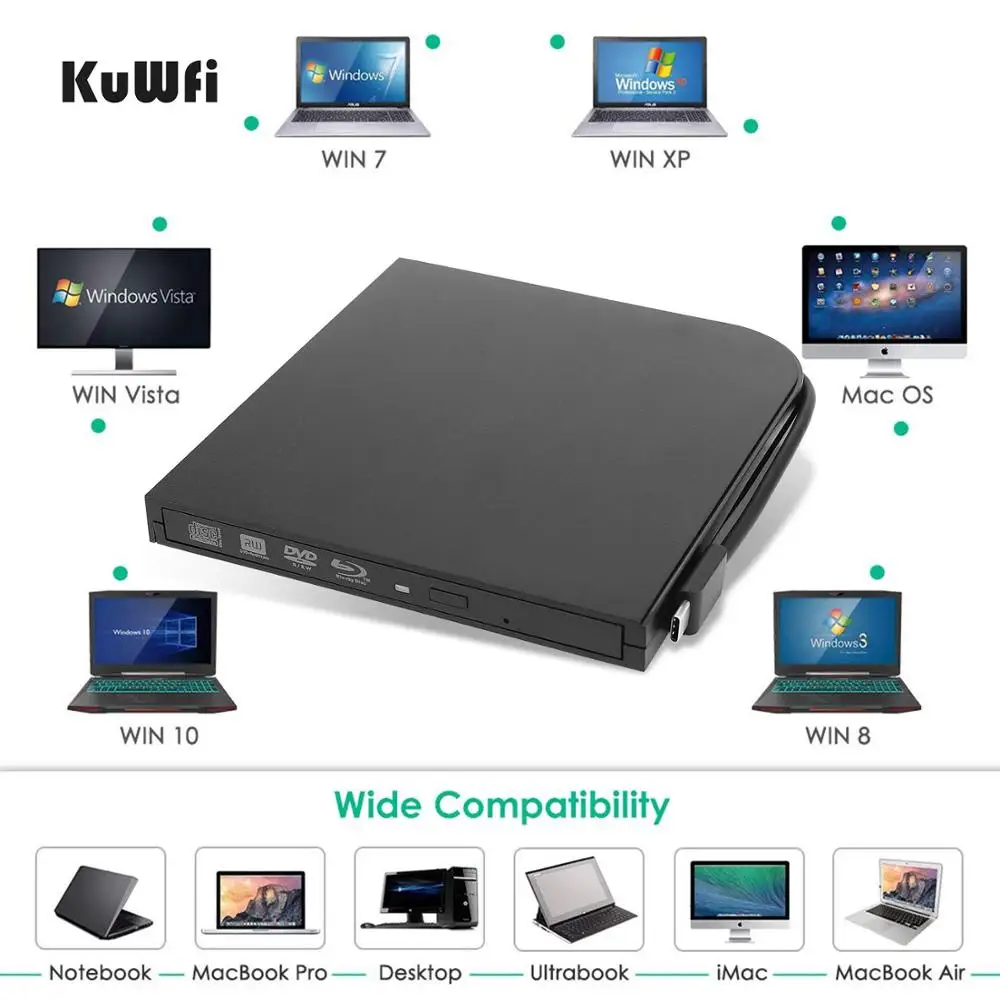 KuWFi 3D 4 K Blu-Ray плеер внешний DVD привод для ноутбука USB3.0 type-A и type-C интерфейсы портативный тонкий автоматический слот-загрузка