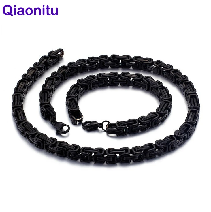 

Punk Rock Mens Necklace Chains Black Silver Gold Byzantine Box Link Stainless Steel Chain Necklaces Bracelet for Men 5/6/8mm
