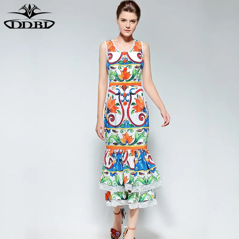 mermaid dress large sisze 2XL 3XL 4XL 5XL 6XL 7XL fashion floral runway high quality dress for women 171213