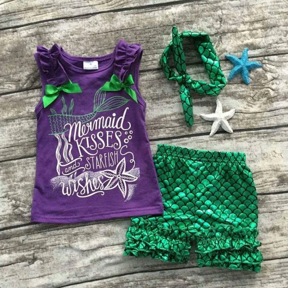

2017 Summer New Mermaid Clothing Set Girls 3pcs Set Headband+Vest+Shorts Cute Cotton Children Clothes Mermaid Clothing Suit