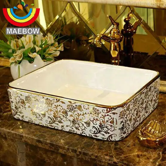 Прямоугольная керамическая раковина для ванной комнаты с золотыми листьями|ceramic