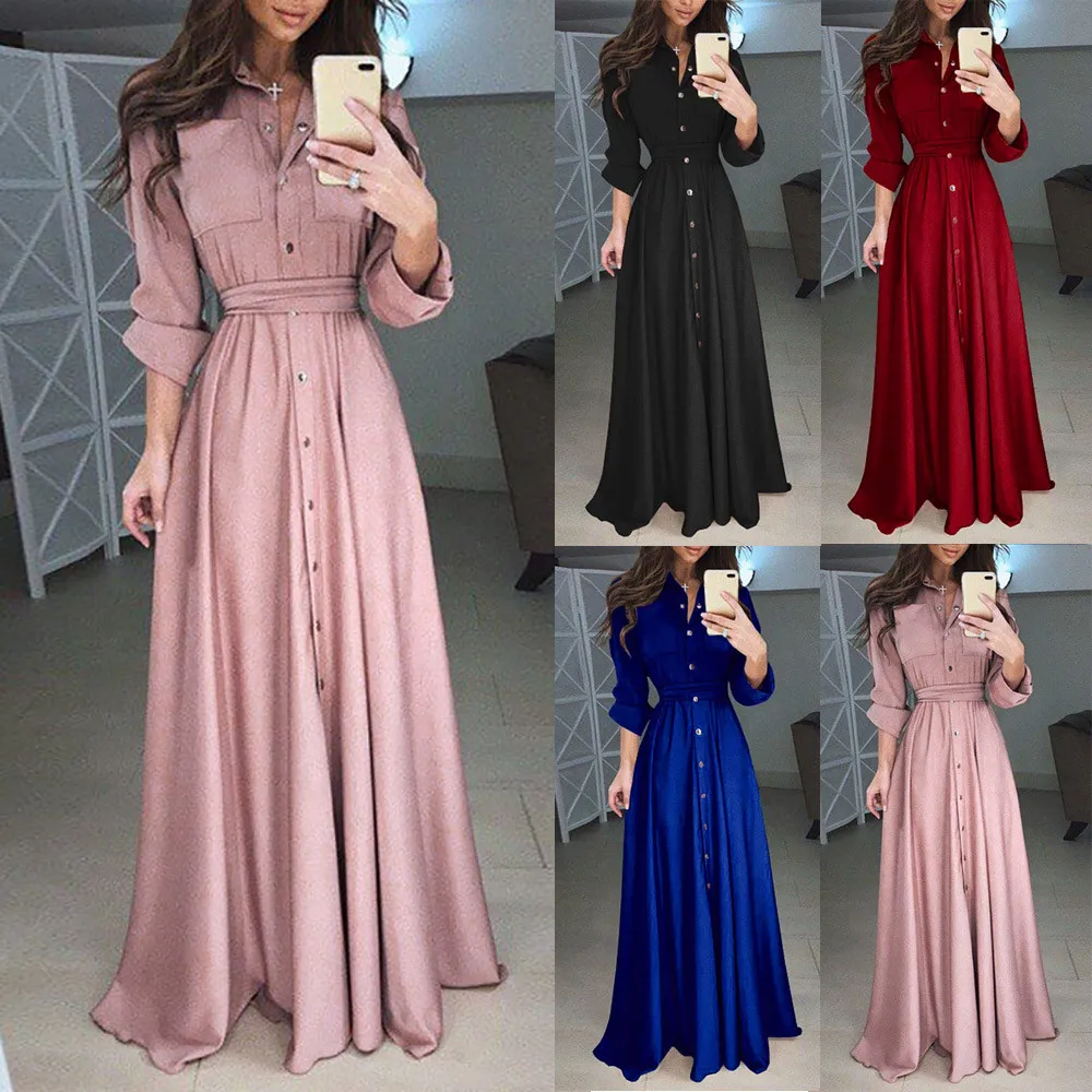 

Autumn Dress Womens Lady Casual Fashion Long Sleeve Lapel Maxi Long Dress Solid Shirt Dress Vestidos Robe