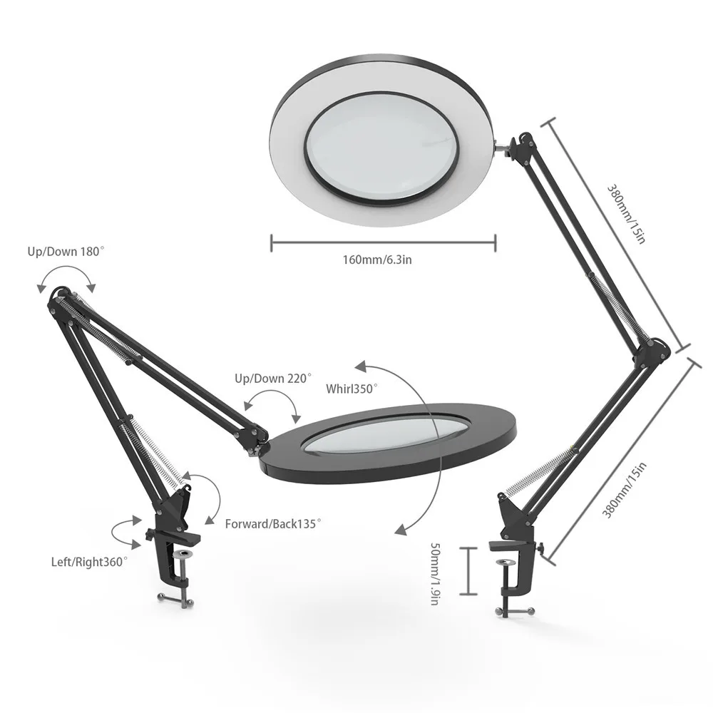 7W светодиодный светильник-увеличитель с металлическим зажимом, настольная лампа с плавным затемнением, 3 цвета, лупа, светодиодный светильник 3X, 4," Диаметр объектива(черный