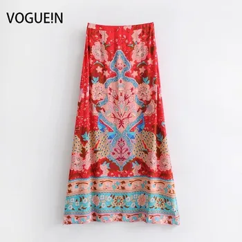 

VOGUEIN New Womens Beach Floral Peacock Print Red A-Line Side Split Maxi Skirt Wholesale