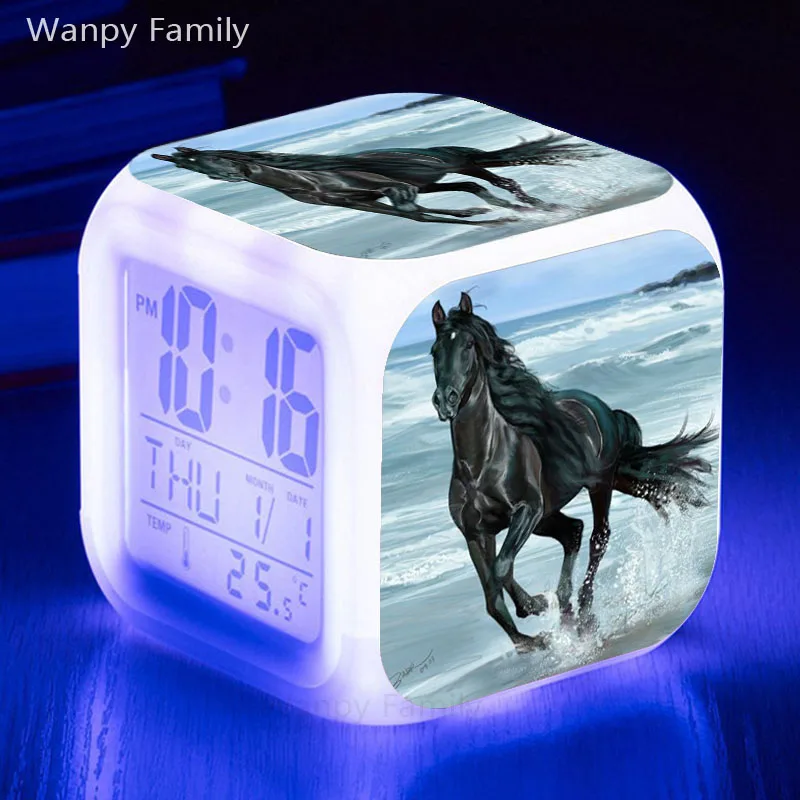 

Running Black Horse Alarm Clocks 7 Color LED Glowing Digital Alarm Clock For Kids Room Multifunctio Electronic alarm clock