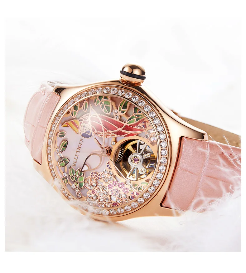 Reef Tiger Top Brand Luxury Women Watches Pink Dial Leather Strap Mechanical Watch Rose Gold Fashion Watch reloj mujer RGA7105