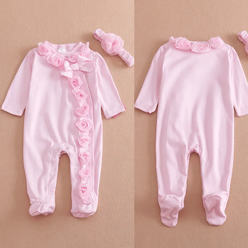 Летняя одежда для новорожденных девочек; Розовый однобортный сплошной комбинезон с длинными рукавами и цветочным рисунком; одежда с повязкой на голову