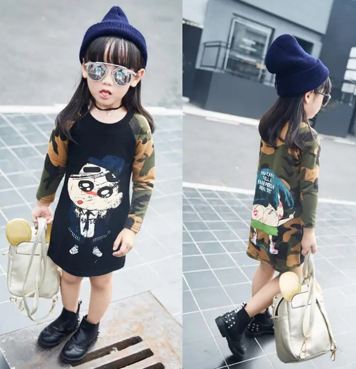 

New Girls baby Cartoon printing Long sleeve Dress Lovely color matching camouflage Princess Dresses autumn Wholesale 2016
