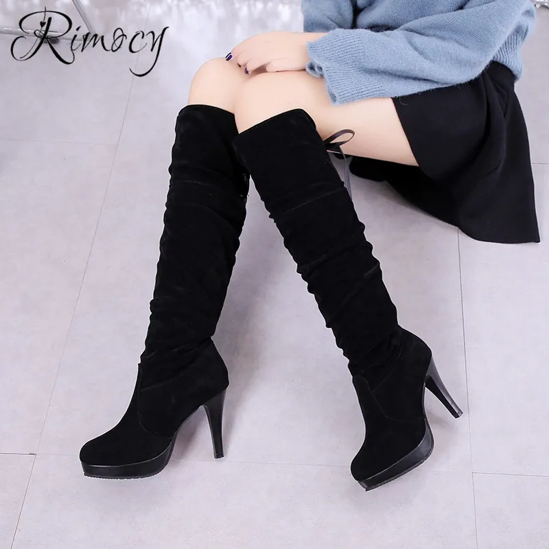 

RIMOCY women flock stiletto solid black long boots sexy thin heels botines mujer 2019 cross tied winter shoes woman botas femme