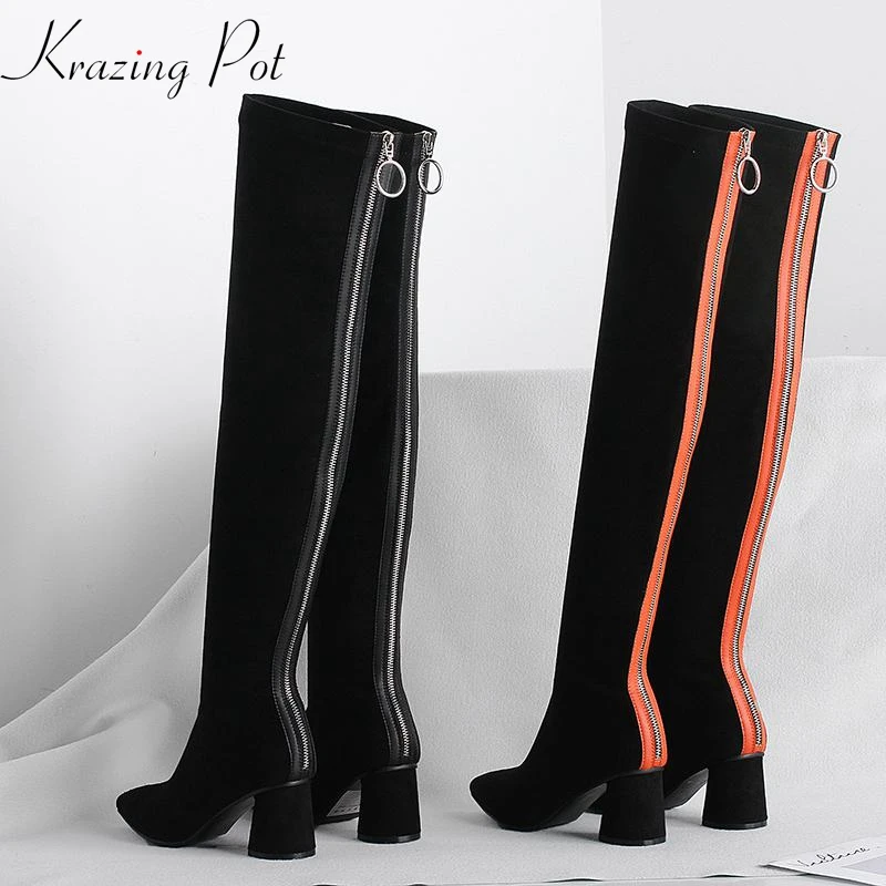 

Krazing Pot 2019 flock material mixed color pointed toe women thick high heel streetwear casual thin leg over-the-knee boots L49