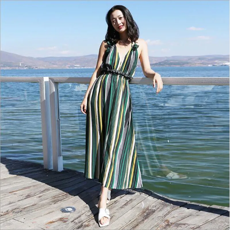 

2019 Summer New Arrival Striped Sling Woman Dresses Bohemian Backless Chiffon Sexy V-neck Dresses Hot Sales Korean Style QC823