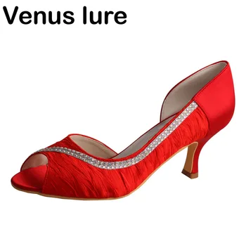 

Handmade Bridal Red Satin Shoes Women Wedding Mid Heel Pumps Open Toe